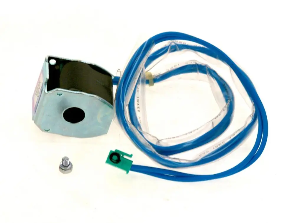 BOSCH-Spule mit angeschlossenem blauen Schlauch, einer Befestigungsschraube und einem elektrischen Anschluss in einer neutralen Umgebung.